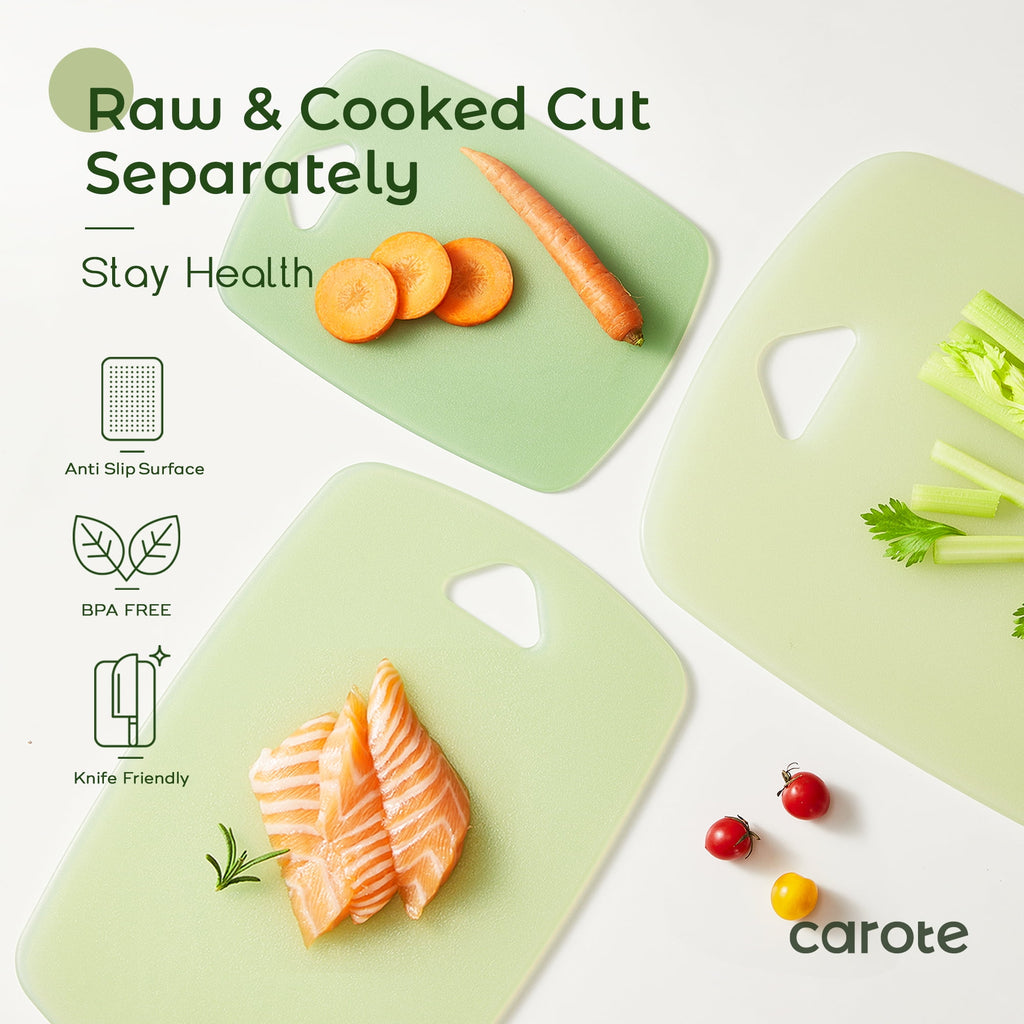 Carote 3PCS Thickened Cutting Boards Set, Non Slip Plastic Cutting Boards for Kitchen, Cutting Board for Meat, Vegetable, Fruit, BPA Free, Knife Friendly, Green
