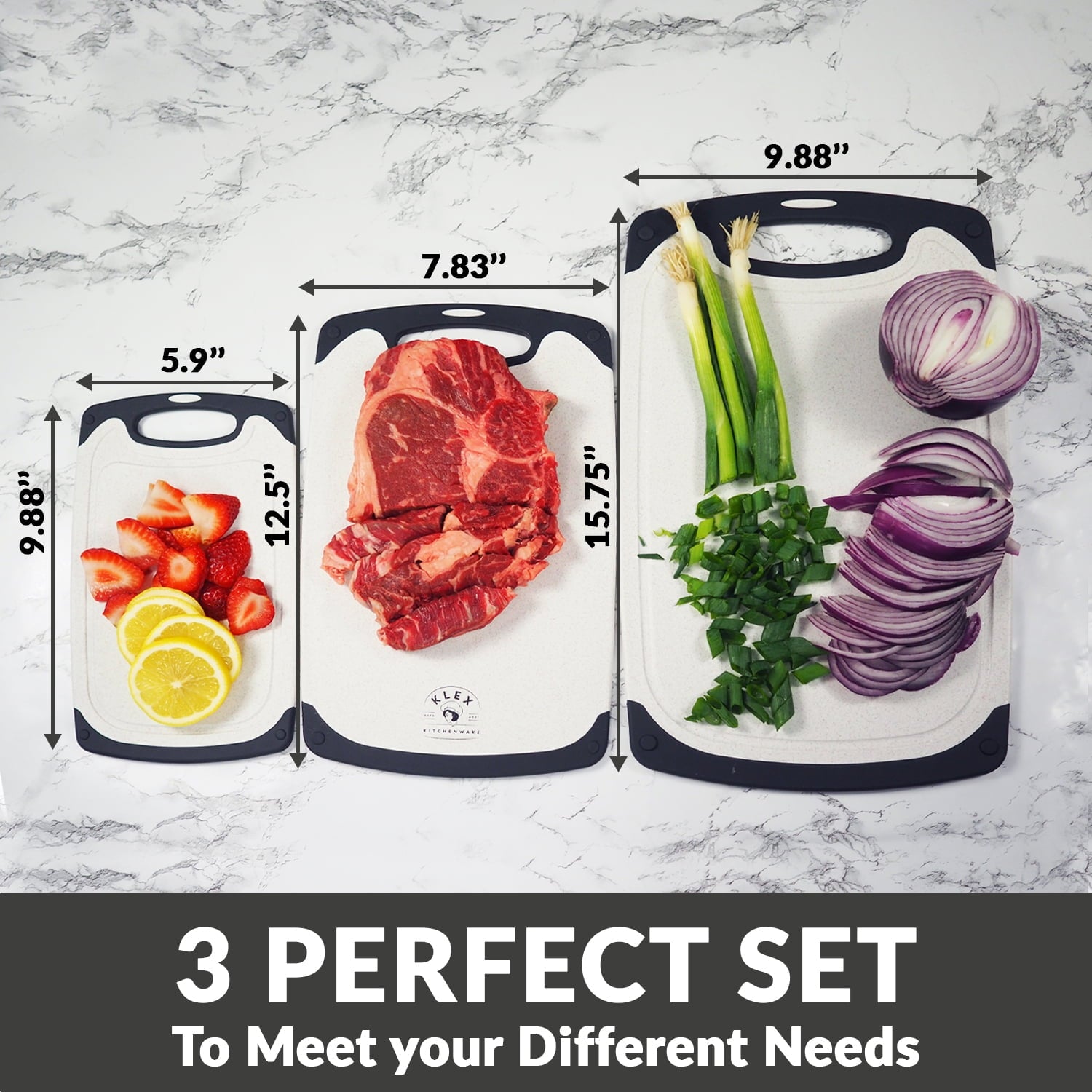 KLEX EcoWheat Cutting Board for Kitchen (Set of 3), Dishwasher Safe BPA Free Straw, Blue