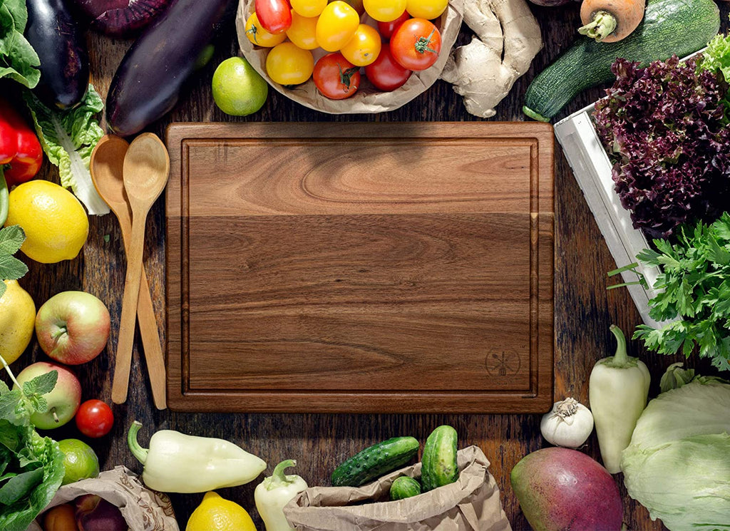 Premium 16"x12" Acacia Wood Cutting Board, Built-in Handle Storage Channel Kitchen Serving Chopping Butcher Block with Deep Juice Grooves