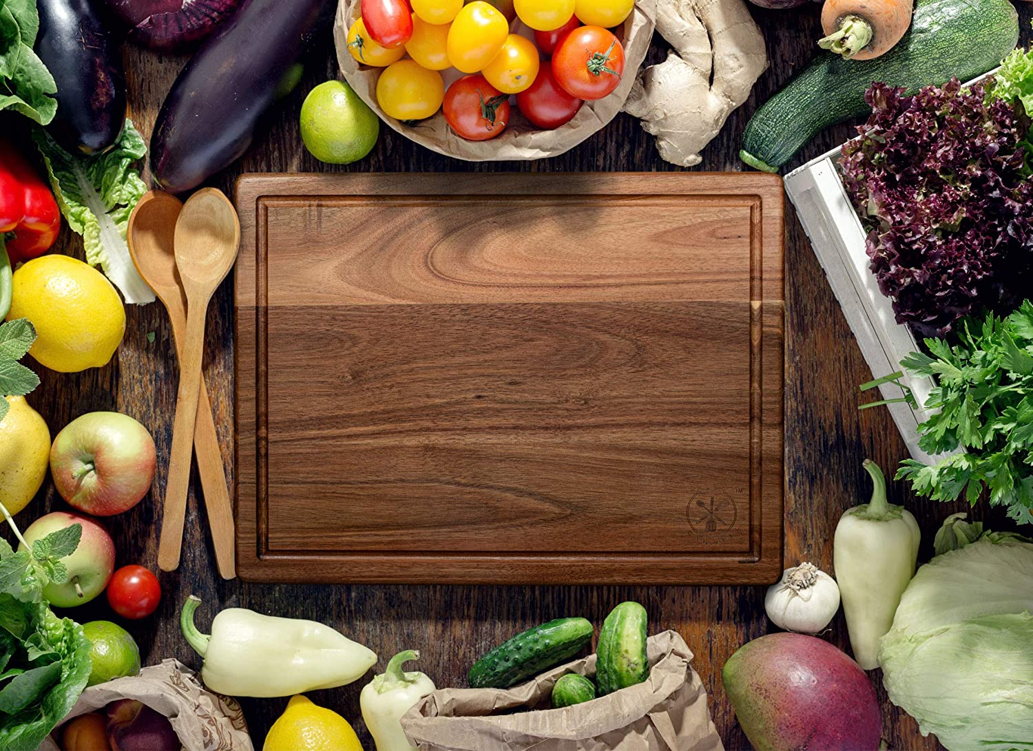 Premium 16"x12" Acacia Wood Cutting Board, Built-in Handle Storage Channel Kitchen Serving Chopping Butcher Block with Deep Juice Grooves