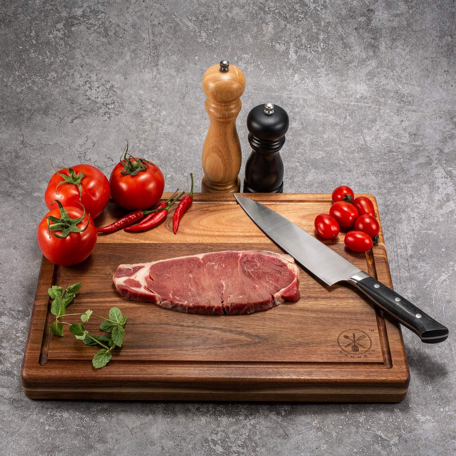 Premium 16"x12" Acacia Wood Cutting Board, Built-in Handle Storage Channel Kitchen Serving Chopping Butcher Block with Deep Juice Grooves