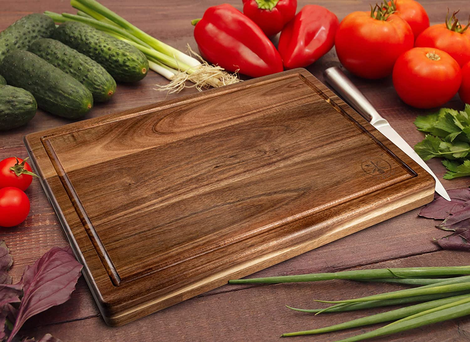 Premium 16"x12" Acacia Wood Cutting Board, Built-in Handle Storage Channel Kitchen Serving Chopping Butcher Block with Deep Juice Grooves