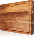 Premium 16"x12" Acacia Wood Cutting Board, Built-in Handle Storage Channel Kitchen Serving Chopping Butcher Block with Deep Juice Grooves