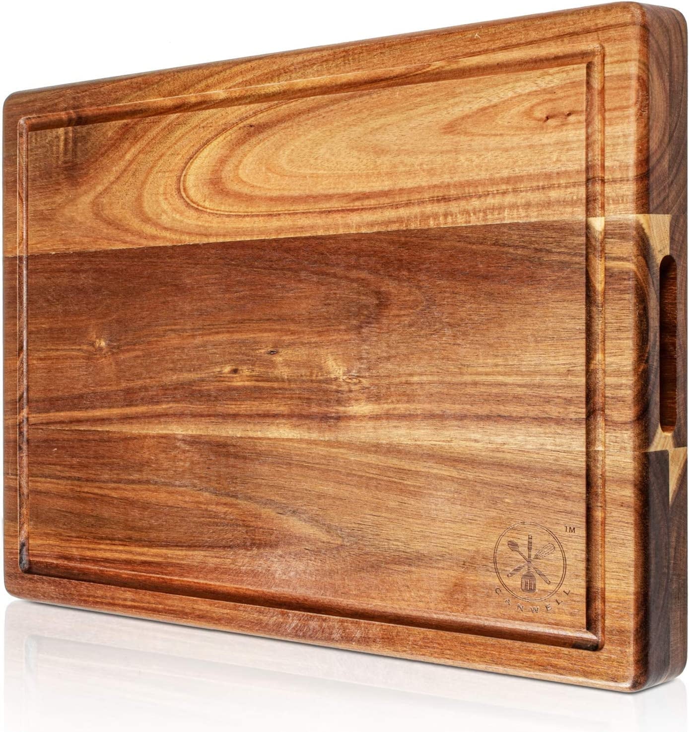 Premium 16"x12" Acacia Wood Cutting Board, Built-in Handle Storage Channel Kitchen Serving Chopping Butcher Block with Deep Juice Grooves