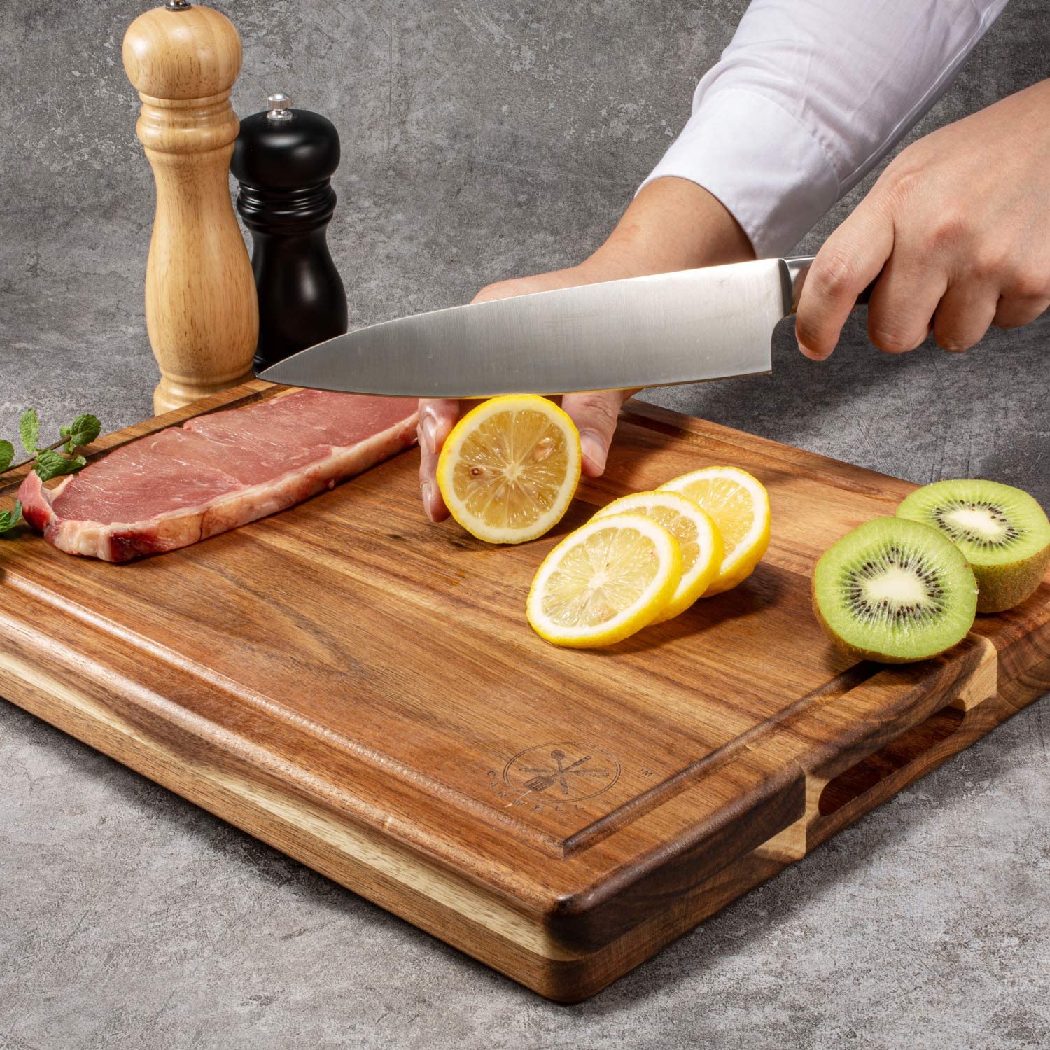Premium 16"x12" Acacia Wood Cutting Board, Built-in Handle Storage Channel Kitchen Serving Chopping Butcher Block with Deep Juice Grooves