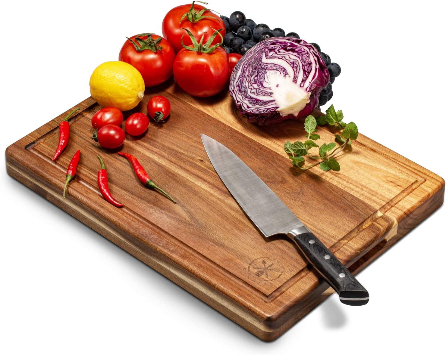 Premium 16"x12" Acacia Wood Cutting Board, Built-in Handle Storage Channel Kitchen Serving Chopping Butcher Block with Deep Juice Grooves