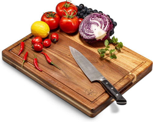 Premium 16"x12" Acacia Wood Cutting Board, Built-in Handle Storage Channel Kitchen Serving Chopping Butcher Block with Deep Juice Grooves