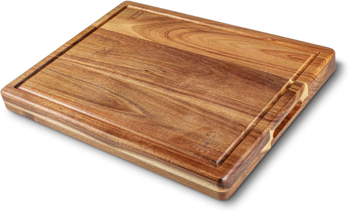 Premium 16"x12" Acacia Wood Cutting Board, Built-in Handle Storage Channel Kitchen Serving Chopping Butcher Block with Deep Juice Grooves